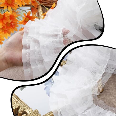White Lace Ribbon 3 Layer 5.1in Width White Lace Ribbon Ruffle Vintage Ruffle Trim Pleated Trim Elastic Flower Chiffon Trims Fabric Embroidered for Sewing, Clothes, Dresses, Craft, Bag 2.73 Yards in Kuwait
