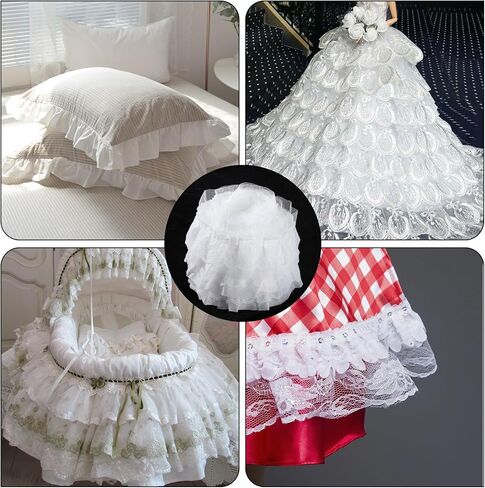 White Lace Ribbon 3 Layer 5.1in Width White Lace Ribbon Ruffle Vintage Ruffle Trim Pleated Trim Elastic Flower Chiffon Trims Fabric Embroidered for Sewing, Clothes, Dresses, Craft, Bag 2.73 Yards in Kuwait