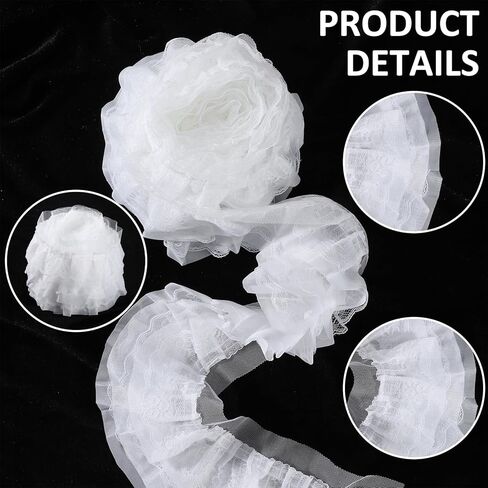 White Lace Ribbon 3 Layer 5.1in Width White Lace Ribbon Ruffle Vintage Ruffle Trim Pleated Trim Elastic Flower Chiffon Trims Fabric Embroidered for Sewing, Clothes, Dresses, Craft, Bag 2.73 Yards in Kuwait