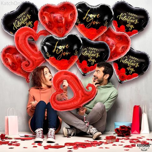 بالونات عيد الحب السعيدة من كاتش أون - 45.72 سم، عبوة من 12 قطعة | بالونات القلب الأسود والأحمر، زينة عيد الحب | بالونات أحبك، بالونات على شكل قلب، ليلة خاصة بالديكورات الرومانسية in Saudi Arabia