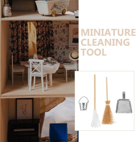 مجموعة تنظيف بيت الدمى من دويتول، مكانس صغيرة صناعية صغيرة من القش، مجرفة، ممسحة، أدوات تنظيف الدلو، لوازم الأعمال المنزلية الصغيرة للدمى، ملحقات تزيين أثاث بيت الدمى in Kuwait