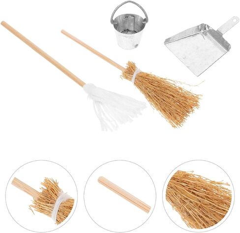 مجموعة تنظيف بيت الدمى من دويتول، مكانس صغيرة صناعية صغيرة من القش، مجرفة، ممسحة، أدوات تنظيف الدلو، لوازم الأعمال المنزلية الصغيرة للدمى، ملحقات تزيين أثاث بيت الدمى in Kuwait