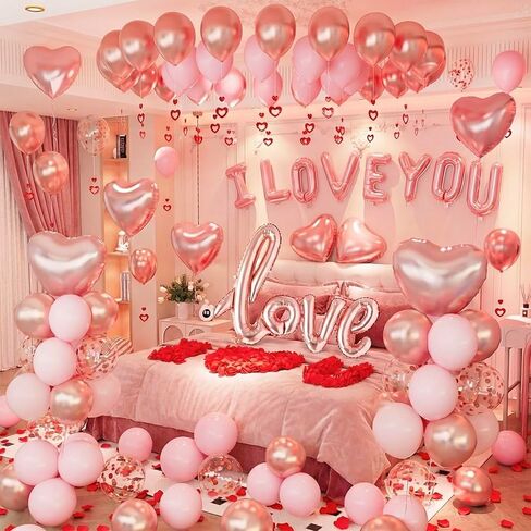 زينة عيد الحب، بالونات أنا أحبك مع بتلات الورد الحريرية الحمراء، زخارف رومانسية على شكل زهرة، مجموعة بالونات على شكل قلب وردي ذهبي وردي للاحتفال بالذكرى السنوية للأمهات وعيد الزفاف وعيد الحب in Kuwait