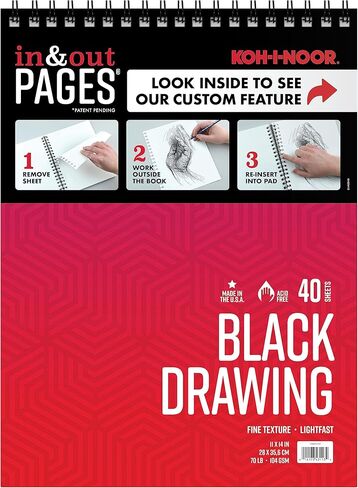Koh-I-Noor 11" x 14" Black Drawing Paper Pad with in & Out Pages, 70lb/104 GSM, Top Wire-Bound, 40 Sheets per Pad (Pack of 1 Pad) in Saudi Arabia