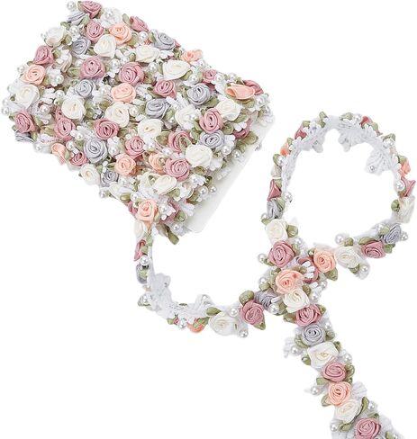 3 ياردات ثلاثية الأبعاد من الدانتيل على شكل زهرة، شريط من حبات اللؤلؤ الوردي العتيق، تشذيب مطرز بالزهور لحرف الخياطة اليدوية لتزيين حفلات الزفاف وحفلات الزفاف in Kuwait