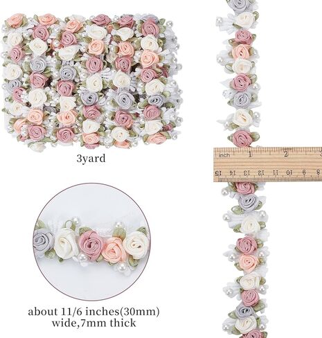 3 ياردات ثلاثية الأبعاد من الدانتيل على شكل زهرة، شريط من حبات اللؤلؤ الوردي العتيق، تشذيب مطرز بالزهور لحرف الخياطة اليدوية لتزيين حفلات الزفاف وحفلات الزفاف in Kuwait