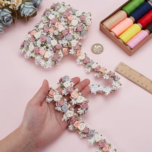 3 ياردات ثلاثية الأبعاد من الدانتيل على شكل زهرة، شريط من حبات اللؤلؤ الوردي العتيق، تشذيب مطرز بالزهور لحرف الخياطة اليدوية لتزيين حفلات الزفاف وحفلات الزفاف in Kuwait