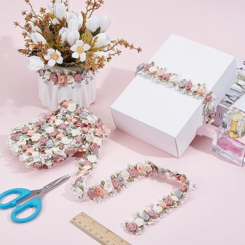 3 ياردات ثلاثية الأبعاد من الدانتيل على شكل زهرة، شريط من حبات اللؤلؤ الوردي العتيق، تشذيب مطرز بالزهور لحرف الخياطة اليدوية لتزيين حفلات الزفاف وحفلات الزفاف in Kuwait