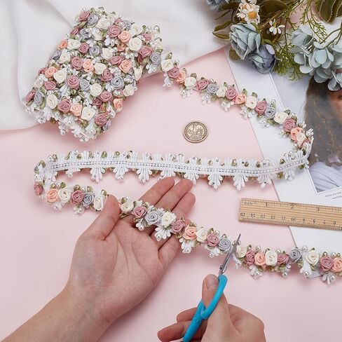 3 ياردات ثلاثية الأبعاد من الدانتيل على شكل زهرة، شريط من حبات اللؤلؤ الوردي العتيق، تشذيب مطرز بالزهور لحرف الخياطة اليدوية لتزيين حفلات الزفاف وحفلات الزفاف in Kuwait
