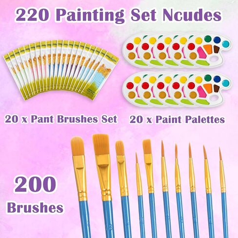 220 Pack Painting Brush Palette Set, 20 Packs of 200 Brushes and 20 Pack Palettes,Nylon Brush Head, Suitable for Oil Watercolor, etc., Perfect Art Painting Set in Saudi Arabia