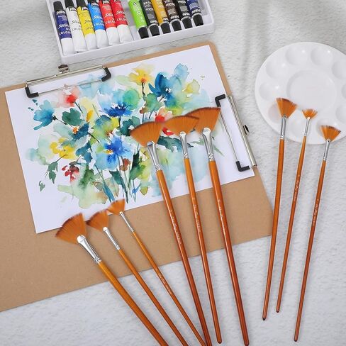 9 Pcs Fan Brush for Painting,Artist Fans Brushes Nylon Hair Long Wood Handle Painting Brush, Artist Fan Paint Brushes Set Professional Soft Anti-Shedding Fans Brushs for Oil Watercolor Gouache in Saudi Arabia