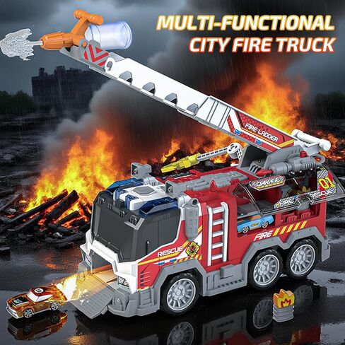 Toddler Fire Truck Toy with Water Spray | Firetruck Toy for Kids | Light & Sound Effects | Adjustable Angle & Length | Firefighter Toys | Holiday and Birthday Gifts for Boys & Girls in Saudi Arabia