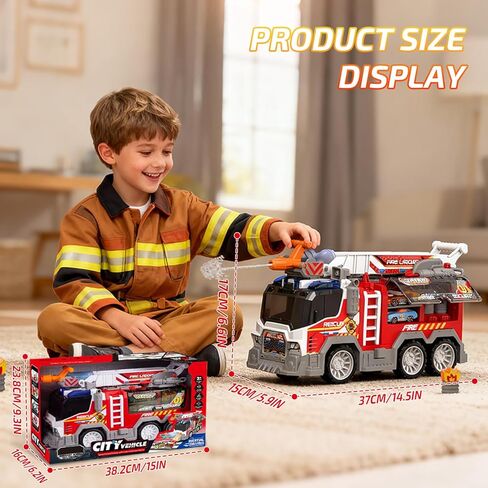 Toddler Fire Truck Toy with Water Spray | Firetruck Toy for Kids | Light & Sound Effects | Adjustable Angle & Length | Firefighter Toys | Holiday and Birthday Gifts for Boys & Girls in Saudi Arabia