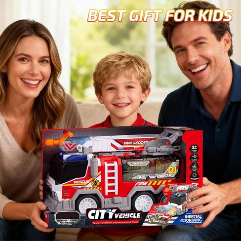 Toddler Fire Truck Toy with Water Spray | Firetruck Toy for Kids | Light & Sound Effects | Adjustable Angle & Length | Firefighter Toys | Holiday and Birthday Gifts for Boys & Girls in Saudi Arabia