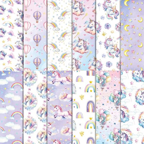 24 PCS Unicorn Scrapbook Paper Pad, Hot Air Balloon Rainbow Pattern Double Sided Decorative Paper for DIY Handmade Art Card Making, Scrapbook Album Decoration, Party Decor Supplies in Saudi Arabia