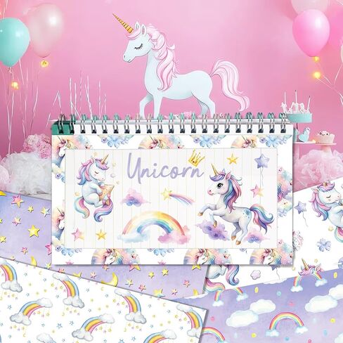 24 PCS Unicorn Scrapbook Paper Pad, Hot Air Balloon Rainbow Pattern Double Sided Decorative Paper for DIY Handmade Art Card Making, Scrapbook Album Decoration, Party Decor Supplies in Saudi Arabia