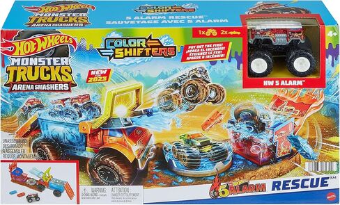 Hot Wheels Monster Trucks Color Shifters 5 Alarm Rescue with Color Shifter Truck, 2 Demolition Cars and 1 Trailer in Saudi Arabia