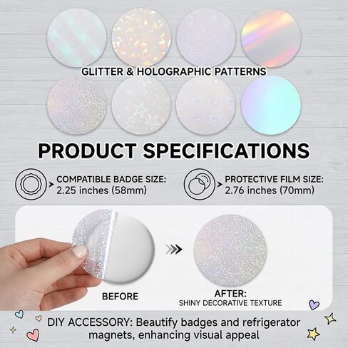 180 Pcs Badge Protective Film 70 mm/2.76 in, 9 Styles Button Maker Supplies Holographic Glitter Film for 2.25 In/58 mm Button Maker, Round Badge Buttons Making Parts for DIY Pinback Buttons Crafts in Kuwait