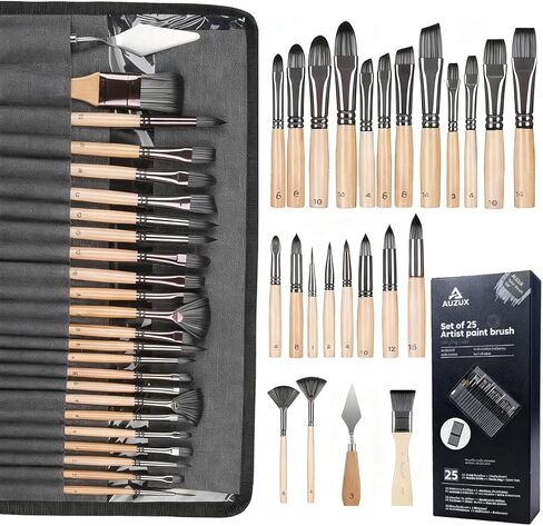 Professional Paint Brushes Set of 25 for Acrylic Painting - Oil & Watercolor Brush Kit with 9 Shapes, Canvas Roll - Synthetic Bristles, Ergonomic Handles - Ideal for Adults, Artists, Beginners in Saudi Arabia