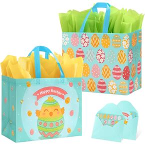 2 حزمة من أكياس هدايا عيد الفصح الكبيرة مقاس 33 سم من ستيبوب مع مناديل ورقية، أكياس عيد الفصح غير المنسوجة قابلة لإعادة الاستخدام مع مقابض لصيد البيض للأطفال/مستلزمات الحفلات، 12.8 سم × 10.2 سم × 6.3 سم in Kuwait