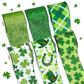 Whaline 6 لفات شرائط حافة سلكية لعيد القديس باتريك 30 ياردة شريط حرفي منقوش أخضر لامع شامروك البرسيم شريط تغليف من القماش لإكليل القوس ديكور المنزل للحفلات، 2.5 بوصة in Kuwait