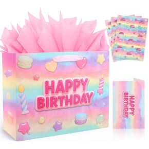 BSRESIN 13"Pink Happy Birthday Gift Bag with Tissue Paper, Wrapping Paper and Card, Medium Size Pastel Birthday Gift Bag for Girls, Women, Party Gift Wrap Supplies in Saudi Arabia