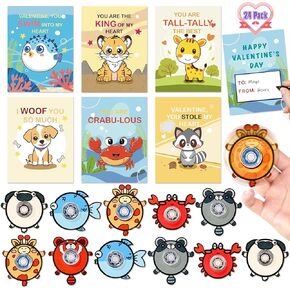 24 Pack Valentines Day Cards for Kids, Animal Fidget Spinner Toys with Greeting Cards, Valentine's Day Gifts for Kids, Valentine Kids Party Favor, School Classroom Exchange Prizes for Boys Girls in Saudi Arabia