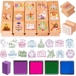 HOWAF 16Pcs Religious Easter Stamps, Easter He is Risen Wood Stamps Rubber Stamp with Cross Jesus Bunny Eggs for Spring Crafts Supplies, He is Risen Inking Stamp in Kuwait