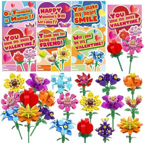JOICEE 24 Pack Valentines Day Gifts Cards for Kids, Flower Building Blocks with Valentine Greeting Cards Bouquet Building Blocks Toys for Boys Girls Gifts School Exchange Prize Party Favors in Kuwait