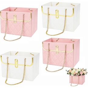 Flower Paper Gift Box, 4PCS Bouquet Storage Bucket Paper Flower Handbag Boxes with Metal Chain Flower Bags for Bouquets Wedding Bridal Shower Valentine's Day Flower Arrangements Supplies, Pink & White in Kuwait