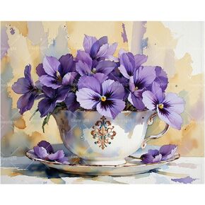 Purple Flowers Paint by Numbers Kit for Adults - DIY Violet Pansy Arrangement in Teacup Painting on Canvas, Acrylic Paint Set, Suitable for Beginners, for Home Decoration or Gifts(8X12IN Framed) in Saudi Arabia