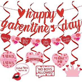 Happy Galentine’s Day Banner for Ladies Girls Galentine’s Day Celebration Party Decorations Glitter Red Pink Heart Romantic Engagement Wedding Proposal Party Supplies in Kuwait