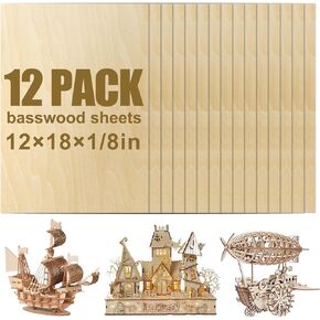12 Pack Basswood Sheets 12x18x1/8 Inch, Balsa Wood Sheet, 3mm Plywood for Laser Cutting & Engraving, Unfinished Wood for DIY Crafts, Models, Ornaments, and Drawing Projects in Saudi Arabia