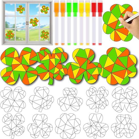 Qyeahkj 30 Pack St.Patricks Day Suncatchers Crafts Window Stained Glass Arts Crafts Kit DIY Shamrock Lucky Clover Coloring Window Clings Classroom Crafts, Creative Art Projects, Party Favors in Saudi Arabia