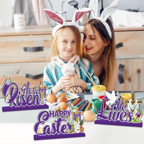 ديكورات عيد الفصح الدينية قطعة مركزية للطاولة الخشبية 3 قطع، ديكور عيد الفصح المسيحي، ديكورات طاولة عيد الفصح المسيح، صليب الطاولة، ديكور صينية متدرجة لمستلزمات حفلات الربيع والمنزل والمكتب in Kuwait