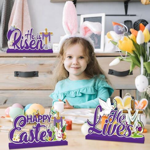 ديكورات عيد الفصح الدينية قطعة مركزية للطاولة الخشبية 3 قطع، ديكور عيد الفصح المسيحي، ديكورات طاولة عيد الفصح المسيح، صليب الطاولة، ديكور صينية متدرجة لمستلزمات حفلات الربيع والمنزل والمكتب in Kuwait