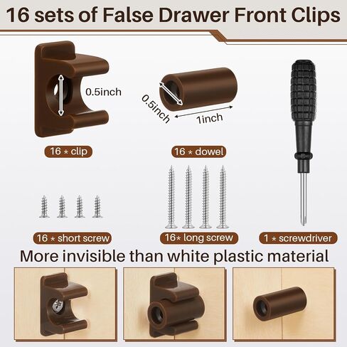 Juexica False Cabinet Front Clip False Drawer Front Clips Sink Tip out Snap with Screws Screwdrivers for Hardware Replacements (16 Pairs,Brown) in Saudi Arabia