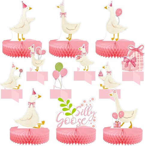 Lincia 12 Pcs Silly Goose Birthday Party Decorations Birthday Honeycomb Centerpieces Silly Goose Cake Balloon Topper for Bow Duck Party Supplies(Pink) in Saudi Arabia