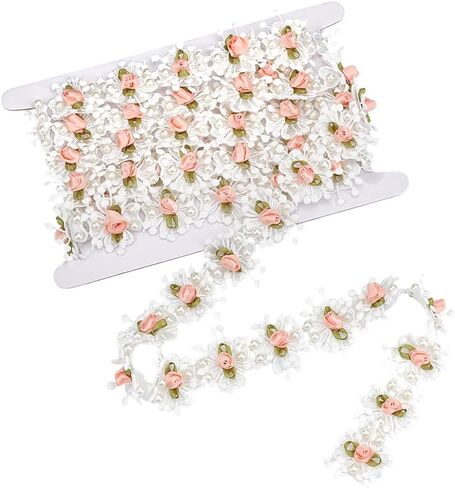 MAYJOYDIY 3 Yards Pearl Rose Flowers Lace Trim 1.69 inch Vintage Pearl Pink Flower Ribbon Bridal Ornaments Handmade DIY Sewing Supplies Craft for Costume Hat Decoration in Saudi Arabia