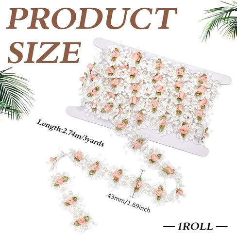 MAYJOYDIY 3 Yards Pearl Rose Flowers Lace Trim 1.69 inch Vintage Pearl Pink Flower Ribbon Bridal Ornaments Handmade DIY Sewing Supplies Craft for Costume Hat Decoration in Saudi Arabia