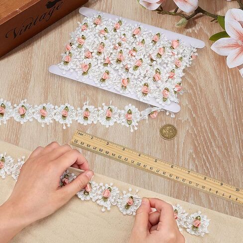 MAYJOYDIY 3 Yards Pearl Rose Flowers Lace Trim 1.69 inch Vintage Pearl Pink Flower Ribbon Bridal Ornaments Handmade DIY Sewing Supplies Craft for Costume Hat Decoration in Saudi Arabia