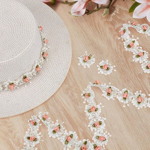 MAYJOYDIY 3 Yards Pearl Rose Flowers Lace Trim 1.69 inch Vintage Pearl Pink Flower Ribbon Bridal Ornaments Handmade DIY Sewing Supplies Craft for Costume Hat Decoration in Saudi Arabia
