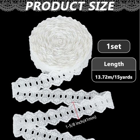 FINGERINSPIRE 15 Yards Eyelet Lace Trim 1-5/8 inch Wide Cotton Flower Lace Ribbon White Embroidery Eyelet Pattern Wavy Edge Floral Trim Ribbon for Sewing Dresses Clothes Bag Pets Clothes Decoration in Saudi Arabia