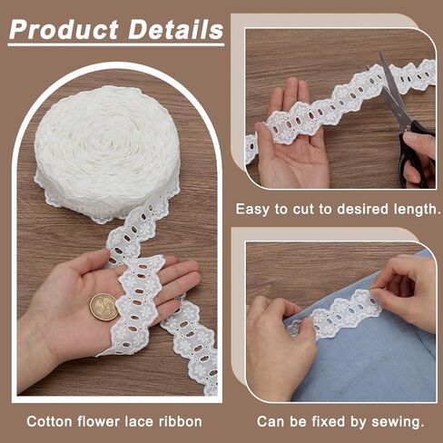 FINGERINSPIRE 15 Yards Eyelet Lace Trim 1-5/8 inch Wide Cotton Flower Lace Ribbon White Embroidery Eyelet Pattern Wavy Edge Floral Trim Ribbon for Sewing Dresses Clothes Bag Pets Clothes Decoration in Saudi Arabia