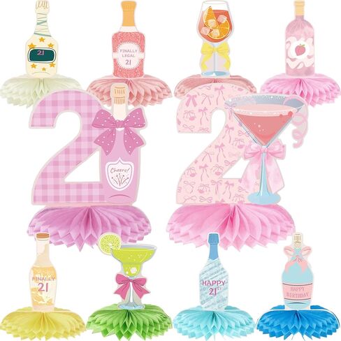 10 Pieces Pink Martini Bow 21st Birthday Decorations for Her, 21 Years Birthday Party Supplies Honeycomb Centerpieces, Twenty-one Year Old Table Toppers Champagne Wine Bottle Decor Women in Kuwait