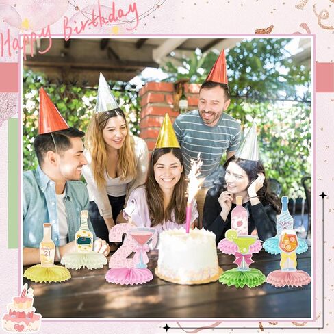 10 Pieces Pink Martini Bow 21st Birthday Decorations for Her, 21 Years Birthday Party Supplies Honeycomb Centerpieces, Twenty-one Year Old Table Toppers Champagne Wine Bottle Decor Women in Kuwait