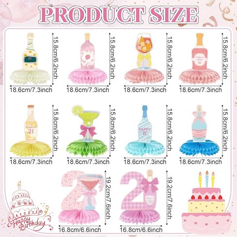 10 Pieces Pink Martini Bow 21st Birthday Decorations for Her, 21 Years Birthday Party Supplies Honeycomb Centerpieces, Twenty-one Year Old Table Toppers Champagne Wine Bottle Decor Women in Kuwait