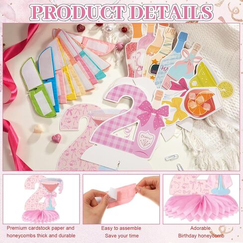 10 Pieces Pink Martini Bow 21st Birthday Decorations for Her, 21 Years Birthday Party Supplies Honeycomb Centerpieces, Twenty-one Year Old Table Toppers Champagne Wine Bottle Decor Women in Kuwait