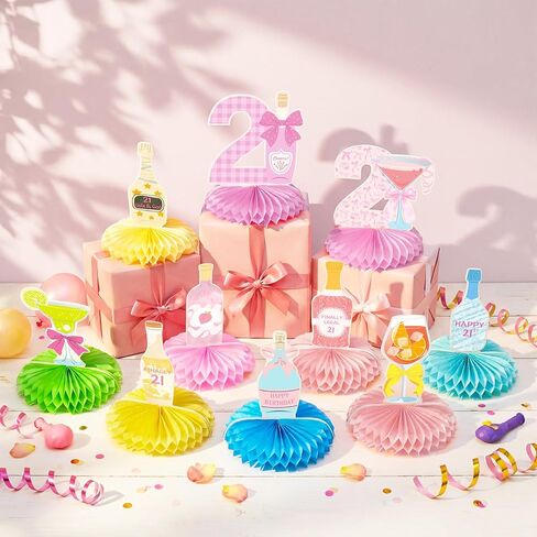 10 Pieces Pink Martini Bow 21st Birthday Decorations for Her, 21 Years Birthday Party Supplies Honeycomb Centerpieces, Twenty-one Year Old Table Toppers Champagne Wine Bottle Decor Women in Kuwait