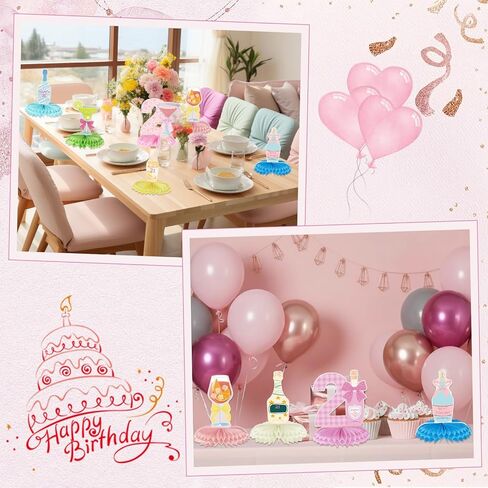 10 Pieces Pink Martini Bow 21st Birthday Decorations for Her, 21 Years Birthday Party Supplies Honeycomb Centerpieces, Twenty-one Year Old Table Toppers Champagne Wine Bottle Decor Women in Kuwait